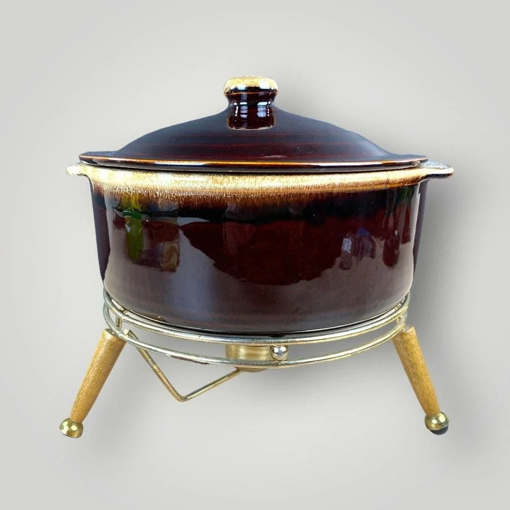 Brown Drip Glaze Fondue Pot Set 6 Forks Mid Century Stoneware‎ Vintage 1960s